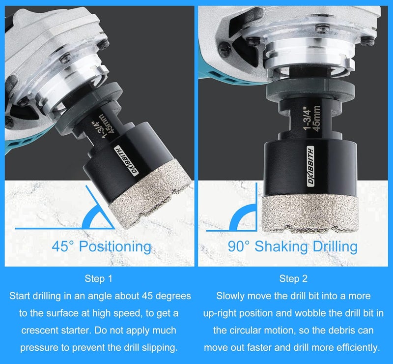 DKIBBITH 1-3/4'' Diamond Hole Saw, Vacuum Brazed Core Bit for Granite Tile Quartzite Marble Concrete Porcelain Ceramic Stones with 5/8-11 Thread Angle Grinders and 3/8” Hex Shank Electric Drills - Image 4